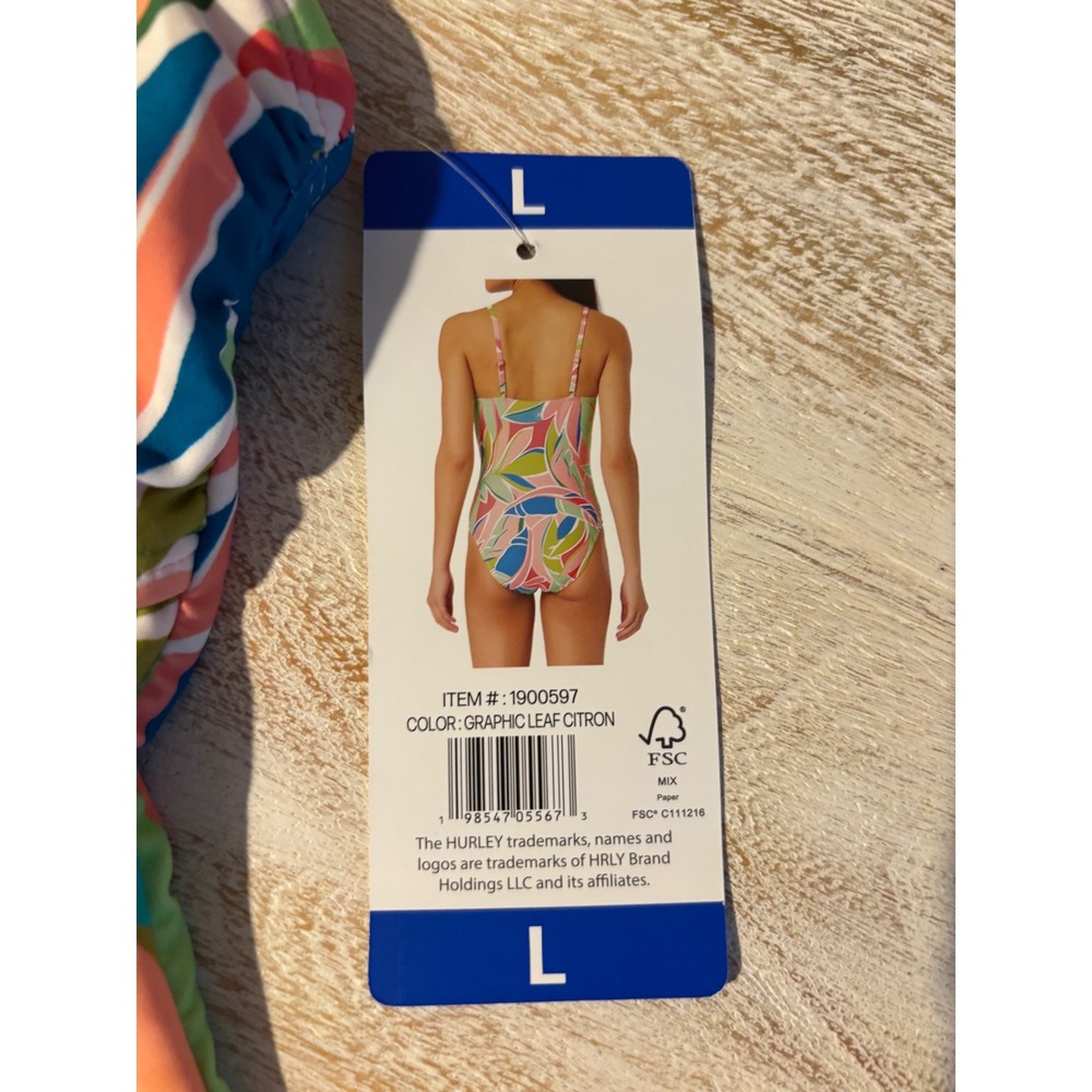 Hurley Womens One Piece Swimsuit Large Graphic Leaf Citron Cutout UPF 50+ NEW - Picture 4 of 7